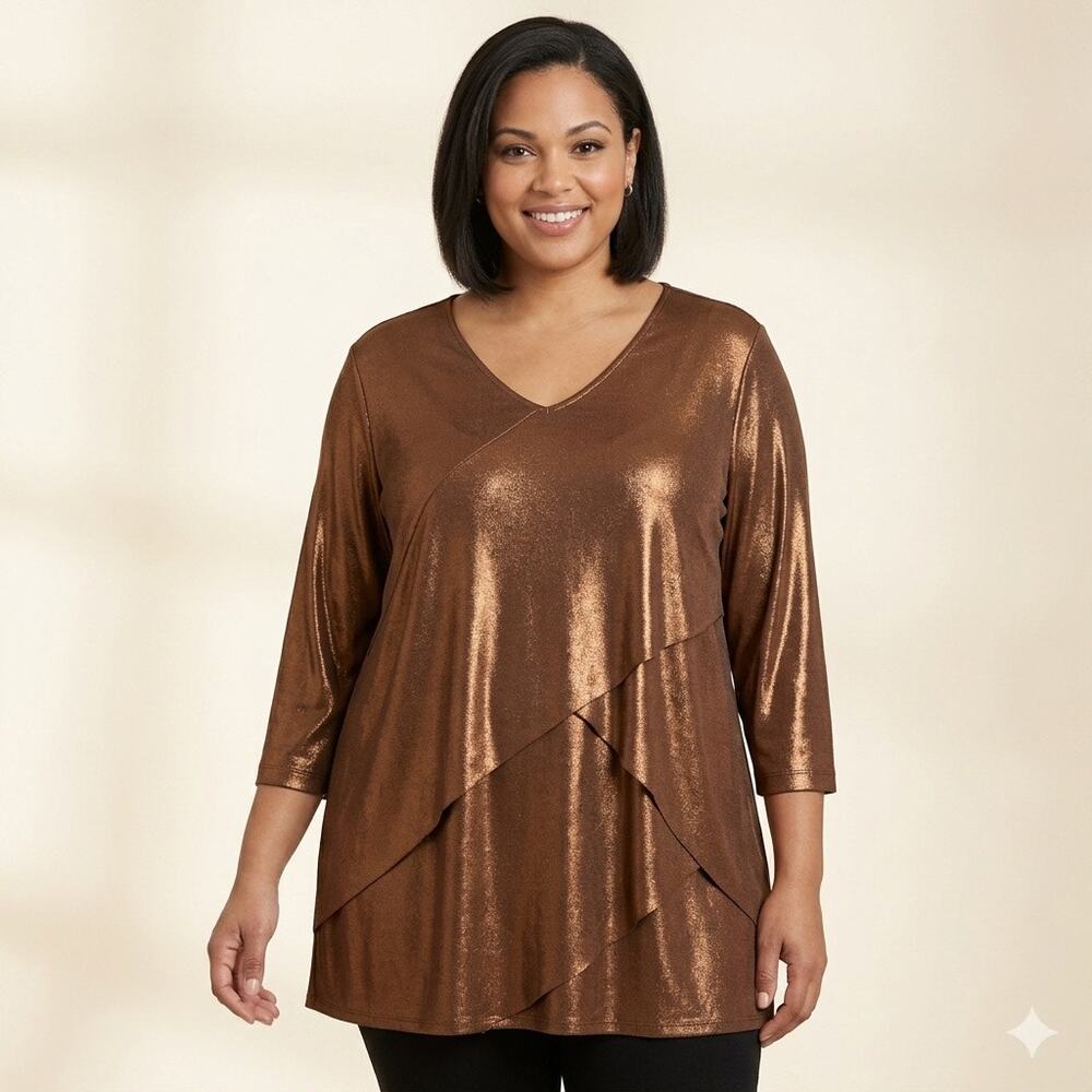 Chico’s Travelers Metallic Bronze Layered Asymmetrical Tunic Top - Size 3 (XL)